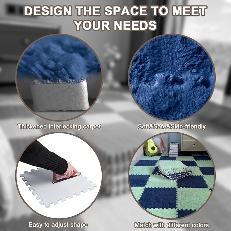 JADERLU 16pcs 0.6" Thickened Interlocking Tile Mats,Fluffy Shaggy Soft EVA Foam Area Rug for Living Room&Bedroom,Non-Slip Protective Floor Carpet Play Mat Kids Baby Dorm Home Decor 11.8ft (Navy Blue) - Image 3